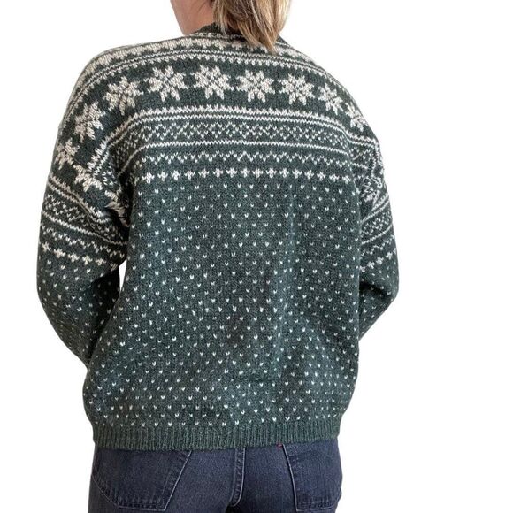 Vintage 90s Womens Olive Green Eddie Bauer Fair Isle Christmas Wool Cardigan - Picture 7 of 8